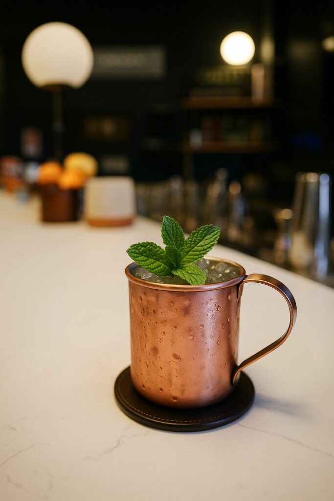 A refreshing cocktail served in a classic hammered copper mug, garnished with a vibrant sprig of fresh mint. The mug sits on a dark leather coaster atop a white marble bar, with the warm, blurred glow of bar lights in the dark background.