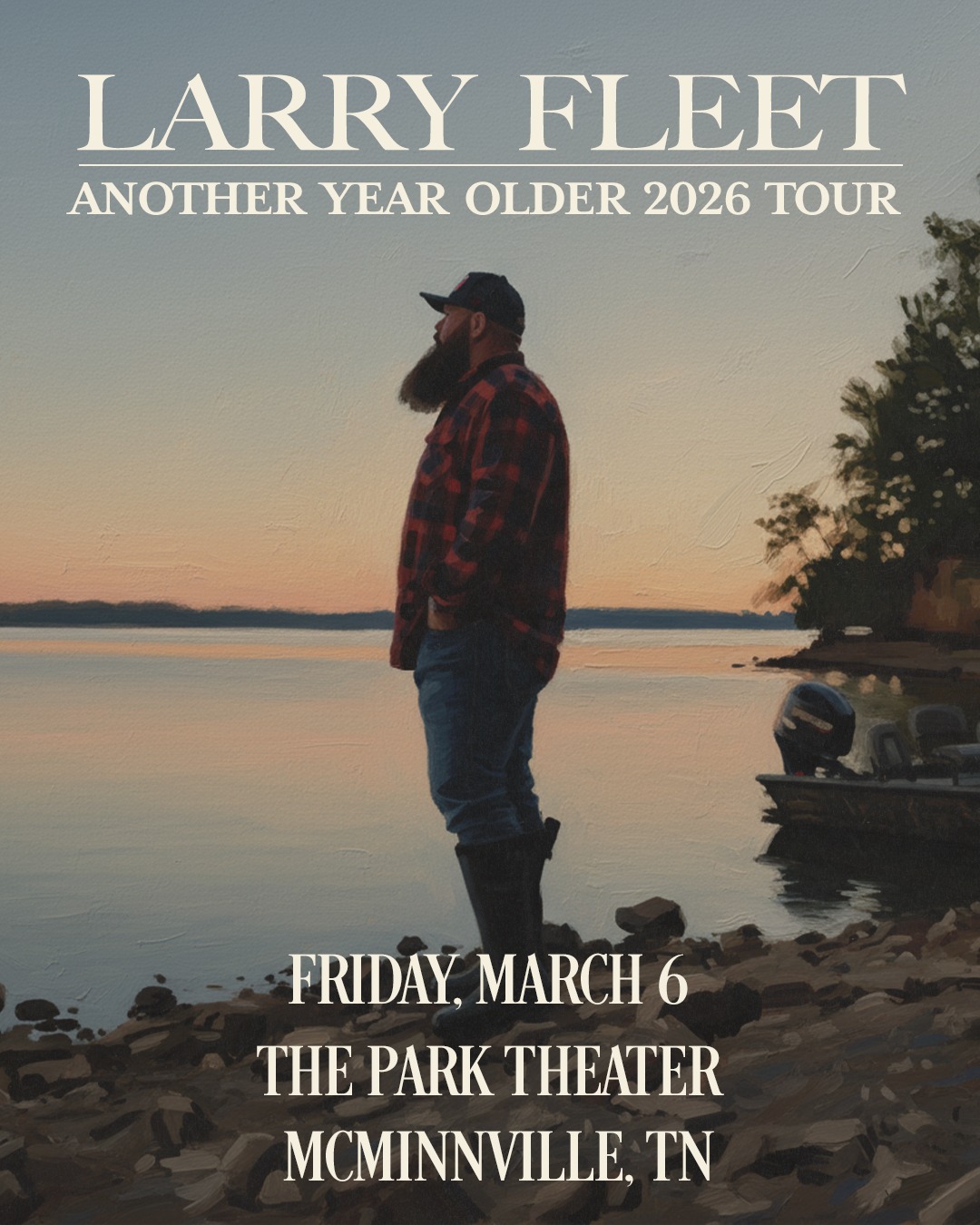 A digital painting of country artist Larry Fleet, wearing a red plaid shirt and a baseball cap, standing on a rocky shoreline at sunset next to a calm lake and a small boat.