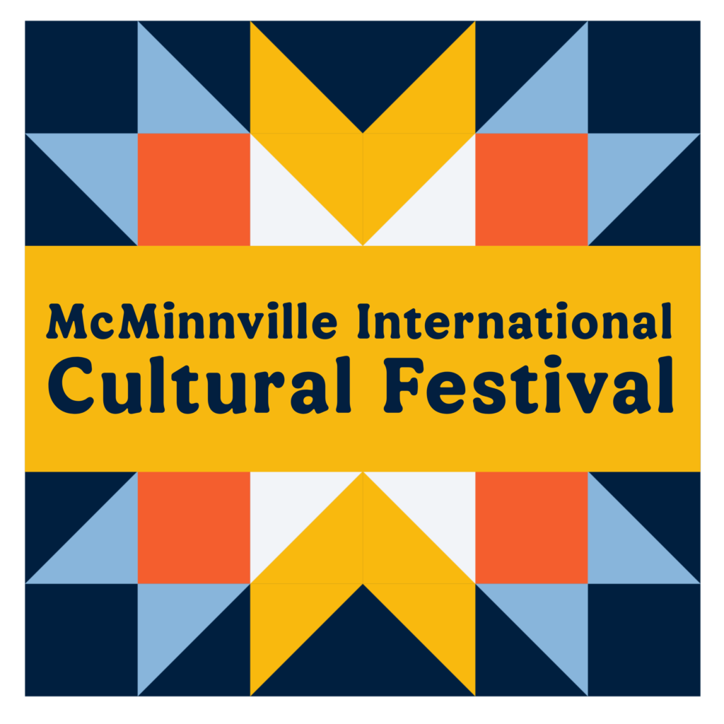 A vibrant square graphic featuring a geometric quilt pattern in shades of navy blue, light blue, orange, and white, with the words "McMinnville International Cultural Festival" prominently displayed on a bright yellow central band.
