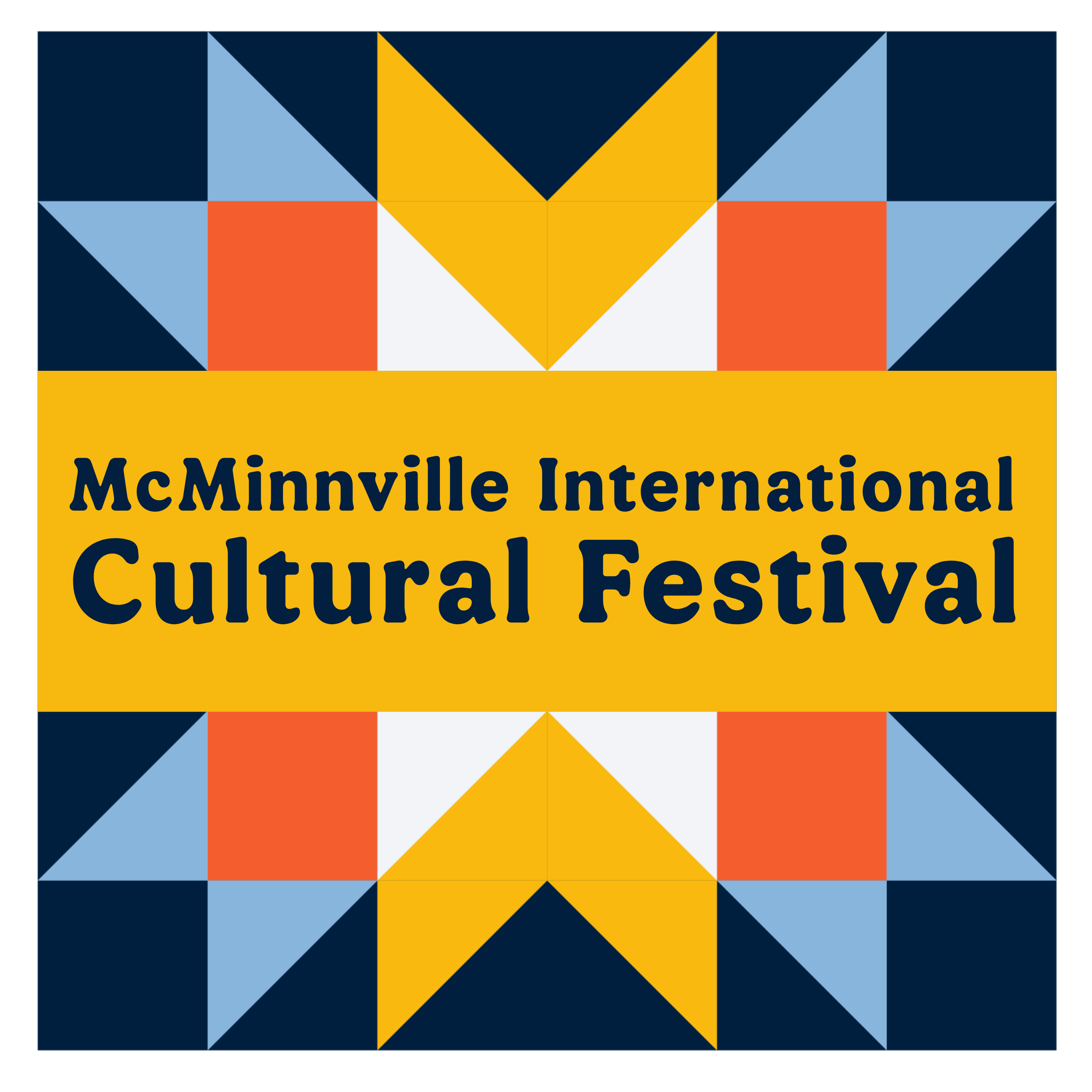 A vibrant square graphic featuring a geometric quilt pattern in shades of navy blue, light blue, orange, and white, with the words "McMinnville International Cultural Festival" prominently displayed on a bright yellow central band.