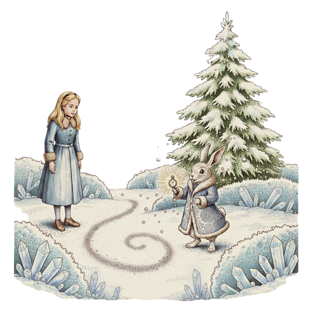 A storybook illustration showing Alice in her blue winter coat standing in a snowy landscape filled with large ice crystals. Across from her, the White Rabbit, wearing a blue patterned winter coat with fur trim, holds up a glowing pocket watch. A sparkling shimmer-trail spirals between them on the ground in front of a snow-laden evergreen tree.