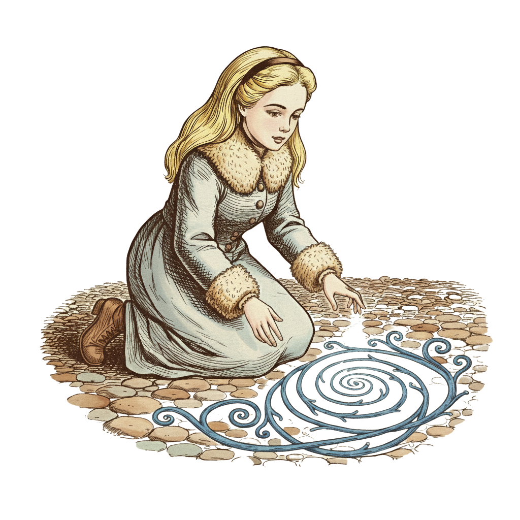 A black and white storybook illustration of Alice, a young girl in a winter coat with fur trim, stepping through a swirling frost-covered doorway in a snowy forest.
