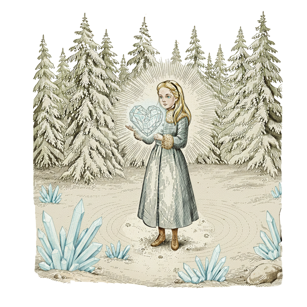 A vintage-style storybook illustration of Alice standing in a magical snowy glade. Four tall, ice-blue crystalline pedestals with flat tops stand in a semi-circle. On each pedestal sits a glowing fragment of the Heart of Winter. The scene is etched with delicate cross-hatching, showing swirling snow and starlight dancing between frost-covered trees in the background.