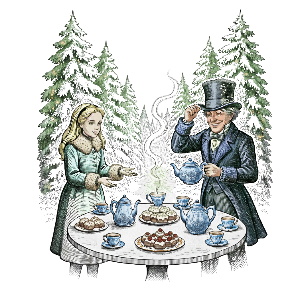 A whimsical storybook illustration of Alice and the Mad Hatter sitting at a table filled with steaming teapots and festive treats. The Mad Hatter, wearing a tall hat decorated with snowflakes, gestures toward a glowing cup of tea that radiates a warm, golden light. Snow-dusted pine trees and a cozy winter glade surround them.