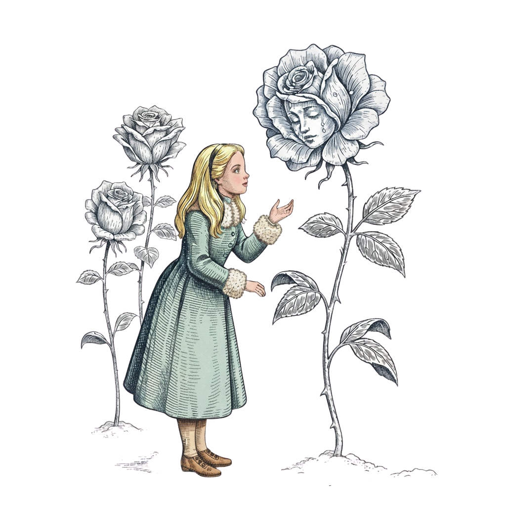 A storybook-style color illustration of Alice, wearing a light blue coat with fur trim, standing in a snowy garden. She is looking up at a large, blue frost-covered rose that has a woman's serene face in its center. Smaller blue roses and crystalline ice formations surround them in the snow.