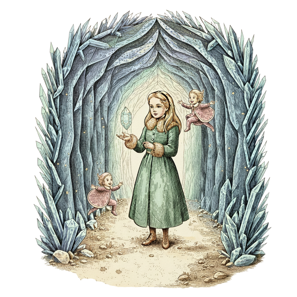 A whimsical storybook illustration of Alice standing inside a crystalline tunnel with walls that shimmer like the northern lights. Two twins, the Tweedles, are dressed in matching mirrored snowflake patterns and are dancing playfully around her, leaving trails of sparkling frost in their wake. One of the twins presents a glowing shard of the Heart of Winter to Alice, who watches with wide, curious eyes. The ground beneath them is a gentle, vintage white-silver color.