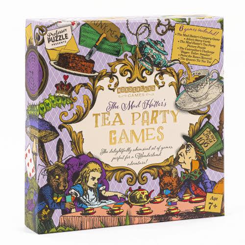 A colorful board game box titled "The Mad Hatter’s Tea Party Games" featuring classic Wonderland illustrations of Alice, the Mad Hatter, and the White Rabbit enjoying a chaotic tea party.