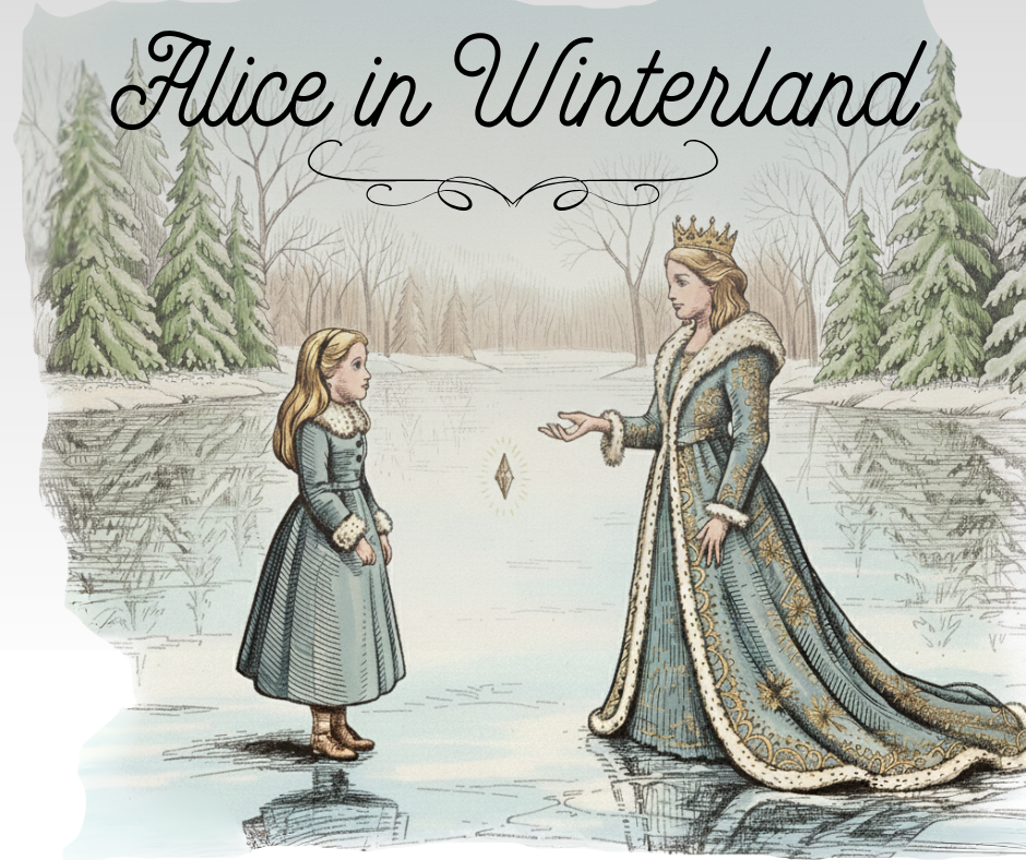 A vintage storybook illustration of Alice wearing a fur-trimmed winter coat, standing in a snowy forest. She holds her hand out toward a large, glowing golden crystal shard that is radiating a brilliant, warm light. Around her, tall frosted pine trees and glowing blue crystal pillars create a magical circle. The scene is filled with a soft, ethereal glow and falling snowflakes.