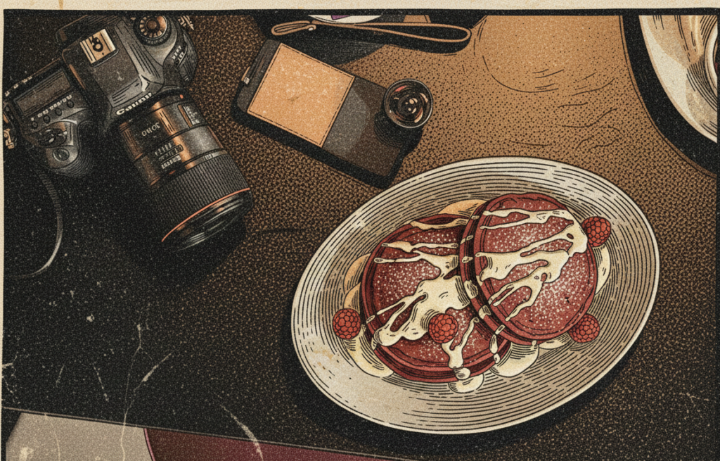 A vintage woodblock-style illustration of a breakfast table at Cumberland Biscuit Co. featuring a stack of golden pancakes with a Cheshire Cat grin, a stack of deep red velvet pancakes, and steaming cups of coffee.