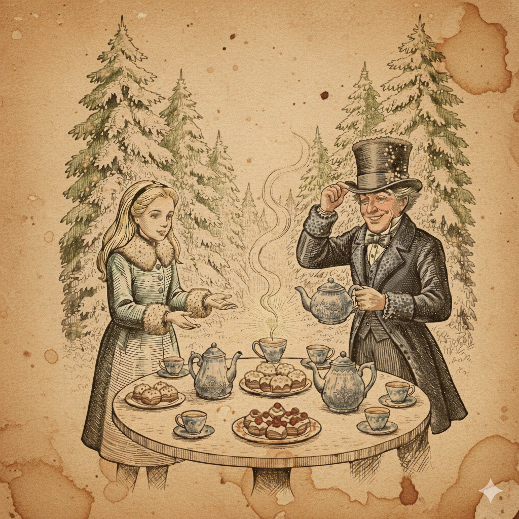 A vintage-style storybook illustration of a whimsical tea party set in a snowy forest glade. A long table is covered in a white cloth and crowded with mismatched teapots, delicate teacups, and tiered cake stands. High-backed Victorian chairs surround the table, while the Mad Hatter stands at the head, gesturing toward the spread. The scene features fine cross-hatched etching and a warm, vintage brown paper background.