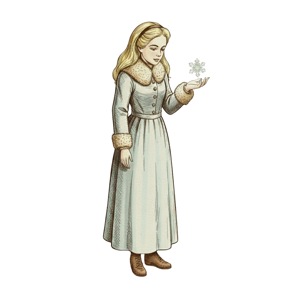 A vintage-style storybook illustration of Alice in a long, blue, fur-trimmed winter coat, standing with a gentle smile. She holds her palm open, upon which rests a delicate, glowing crystalline snowflake that radiates a soft light. The image features fine cross-hatched details and an etched texture consistent with the storybook style.