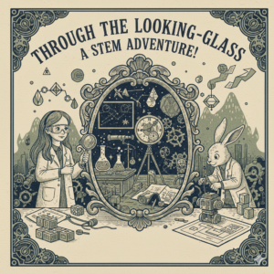 A vintage woodblock-style illustration featuring a young scientist and a white rabbit in a lab coat exploring a magical laboratory through an ornate, large mirror.