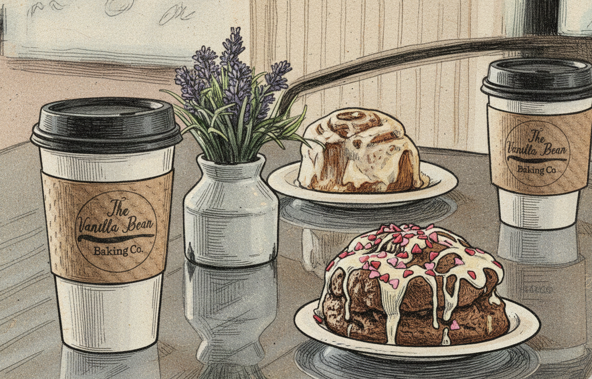 A whimsical, storybook-style illustration of two coffee cups from The Vanilla Bean Baking Co. sitting on a reflective table next to a frosted cinnamon roll, a heart-sprinkled scone, and a small vase of lavender.