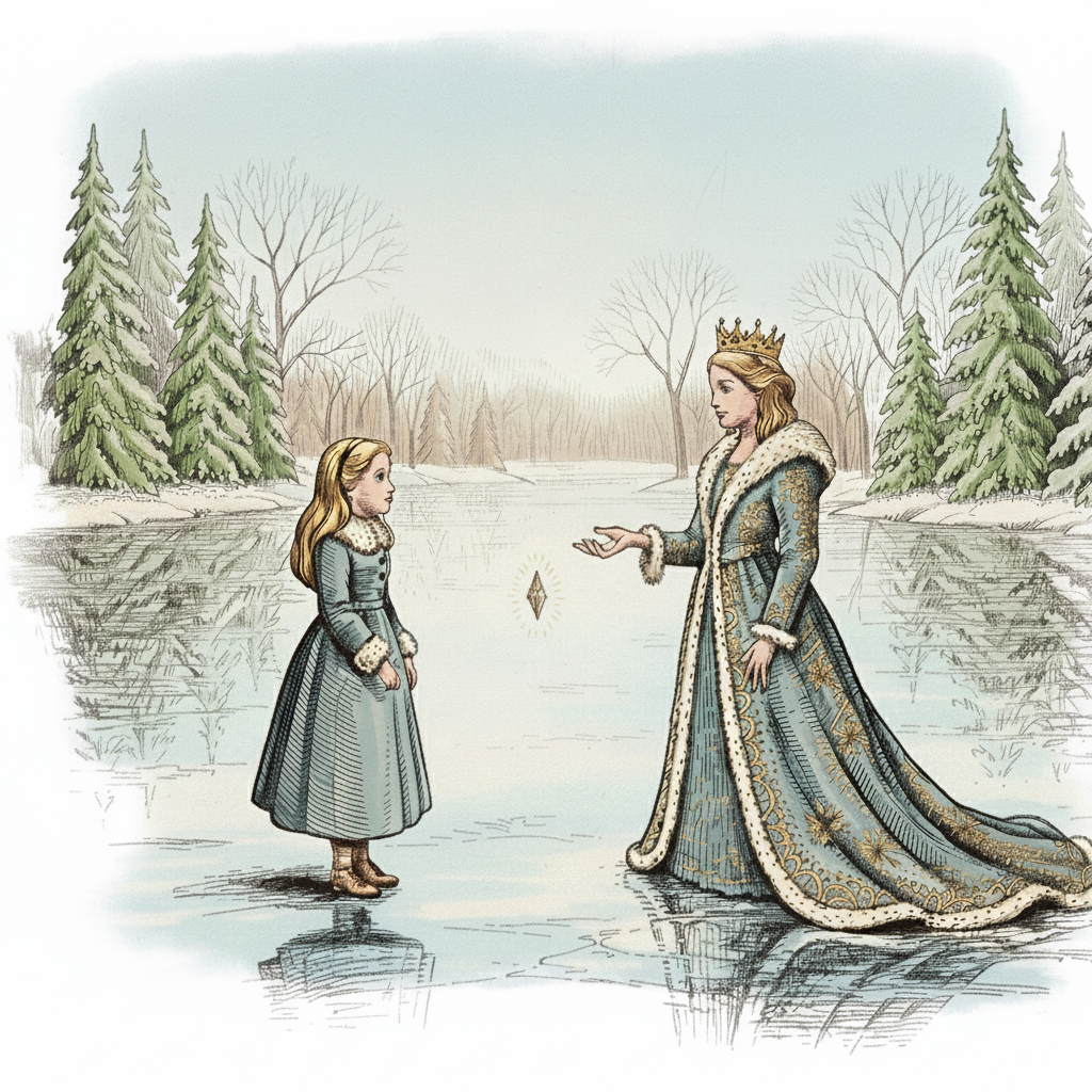 A vintage-style storybook illustration of Alice standing on a wide, glassy frozen lake. She is facing a regal Queen of Winter who wears a long, flowing gown of silver frost and a crown of crystallized snow. Between them, a small, glowing diamond-shaped shard floats in the air. The background features a serene winter forest with snow-dusted pine trees under a pale sky.
