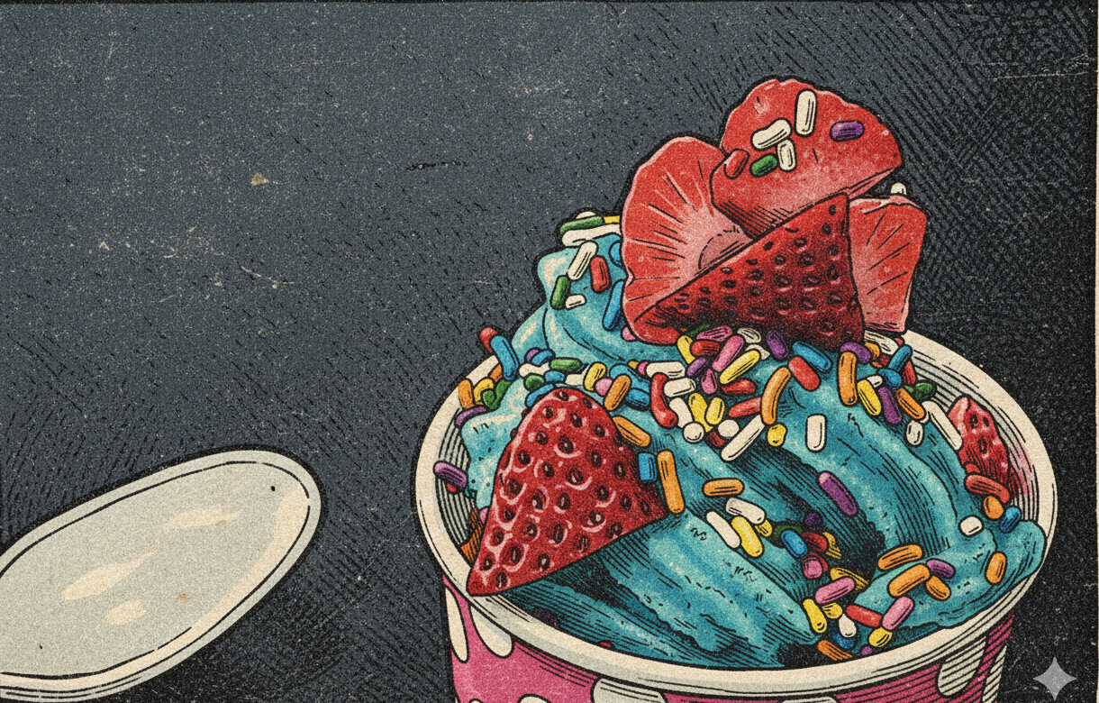 A vintage woodblock-style illustration of two colorful frozen yogurt bowls from Topz Frozen Yogurt & Metro Deli. One bowl features a vibrant swirl with whimsical sprinkles, while the other is a rich chocolate mix topped with cookies and marshmallows, set against a classic storybook border.