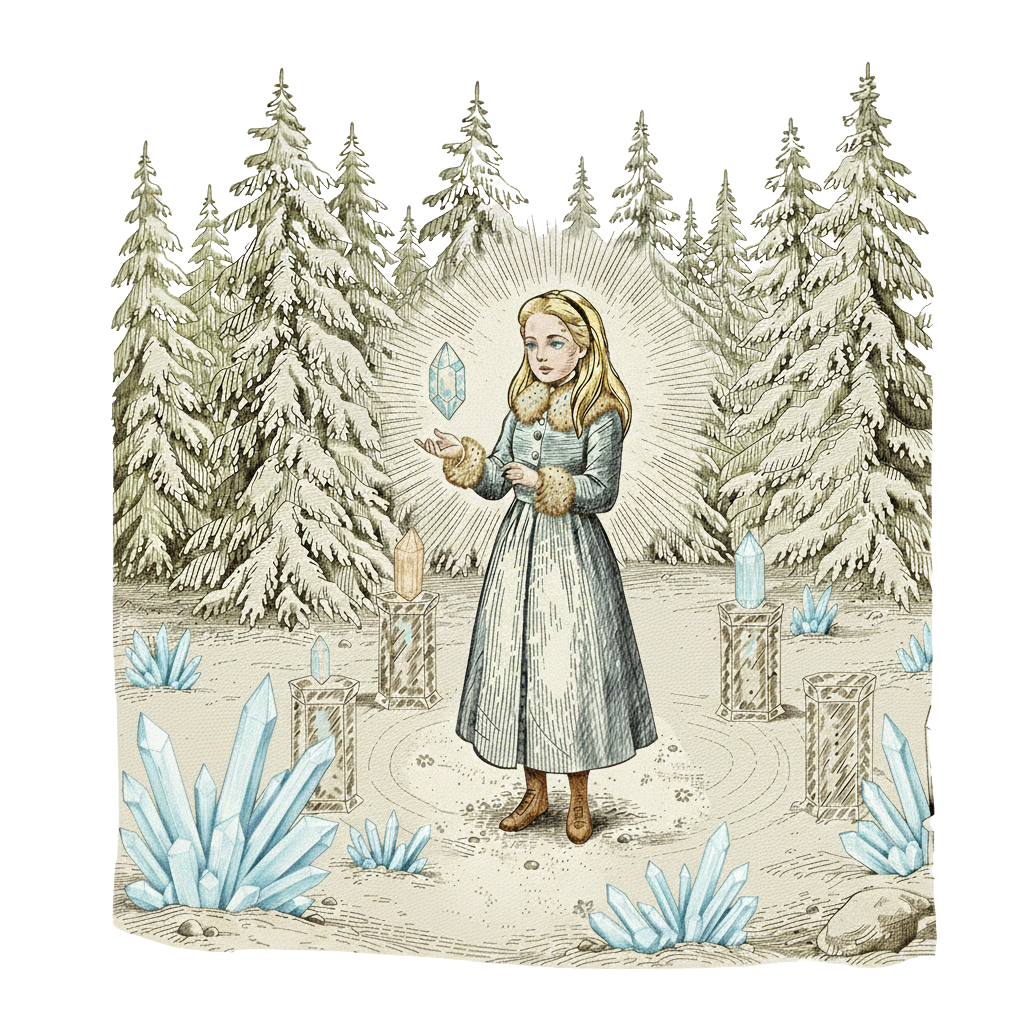 A vintage-style storybook illustration of Alice standing in a magical snowy glade surrounded by tall, frost-covered pine trees. She stands in a mystical circle marked by blue crystal clusters growing from the ground. Four tall, ice-blue crystalline pedestals with flat tops surround her, each holding a glowing fragment. Alice holds her hand out as the final glowing crystal shard floats above her palm, radiating a warm, brilliant light. The scene is filled with a soft, ethereal glow and delicate cross-hatched details.