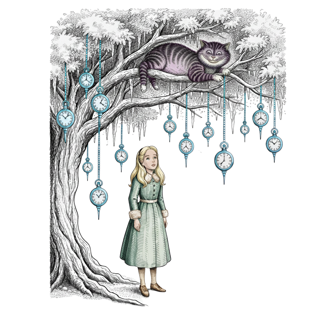A storybook-style illustration of Alice standing beneath a large, frosted tree draped with icicles. Hanging from the branches are numerous light-blue pocket watches on long chains. A purple-striped Cheshire Cat with a wide grin reclines on a sturdy branch above Alice.
