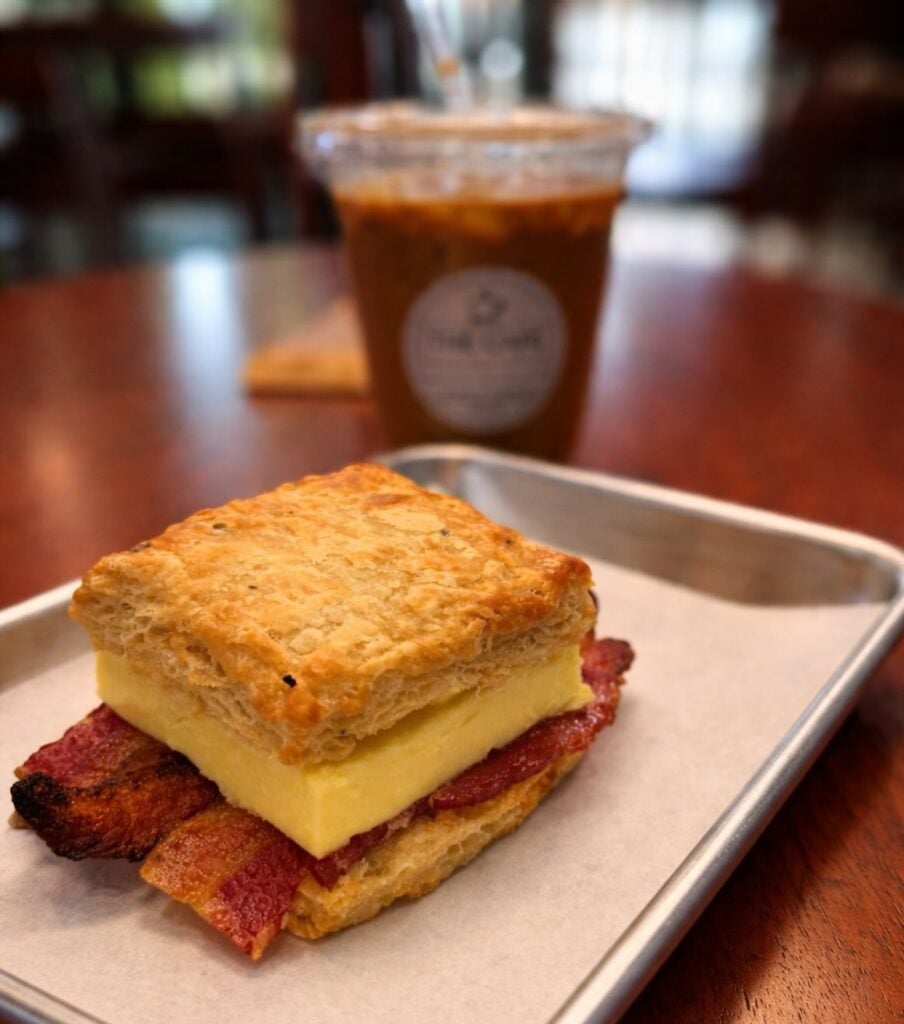 A fresh breakfast sandwich and a steaming cup of coffee from The Cafe at Tree City, perfect for a Tennessee waterfall spring break morning in McMinnville.