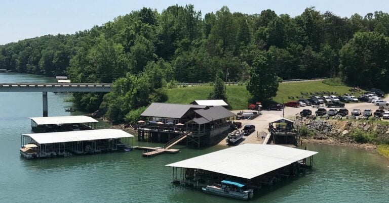 An aerial view of Cotten's Marina at Rock Island featuring boat docks, a waterfront building with a deck, and the bridge crossing the calm river.
