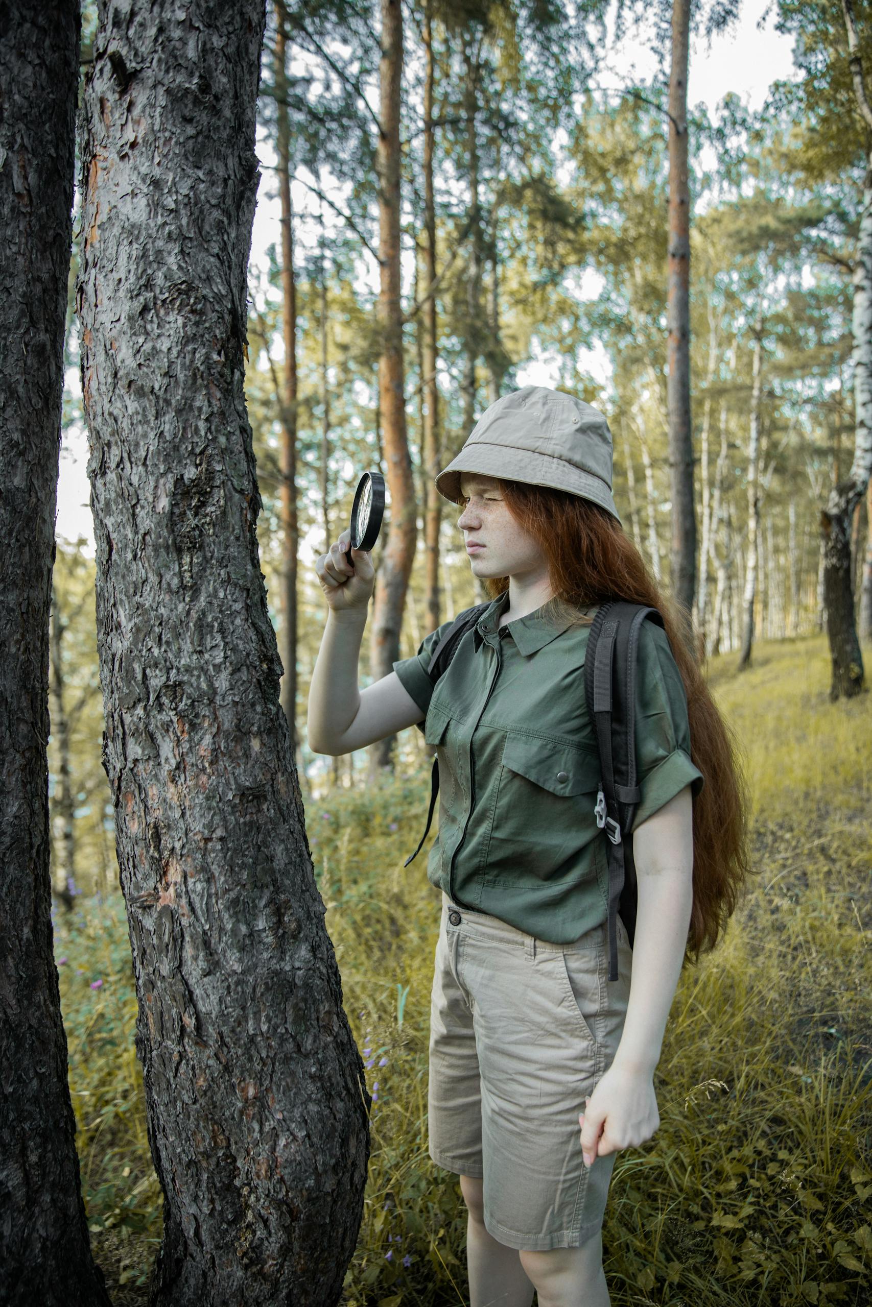 A red-haired girl in safari outfit examines tree bark with a magnifying glass in a forest.