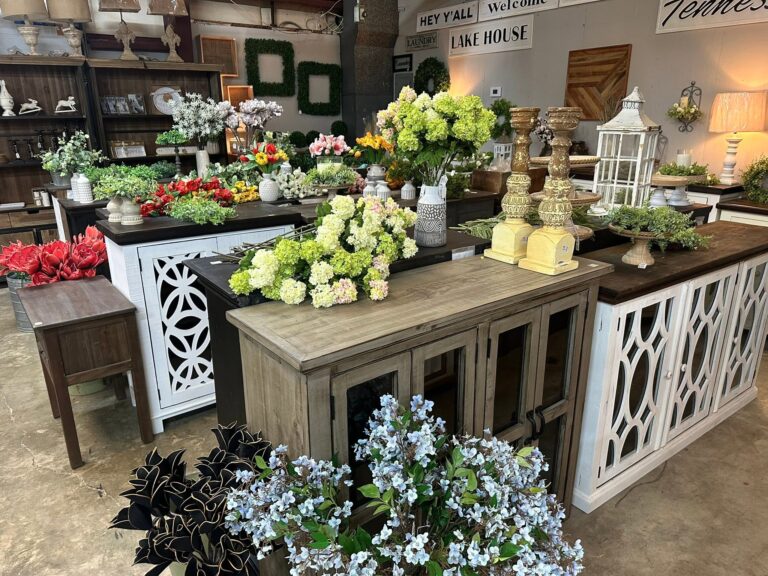 Flower decor & furniture in bulk on a showroom floor